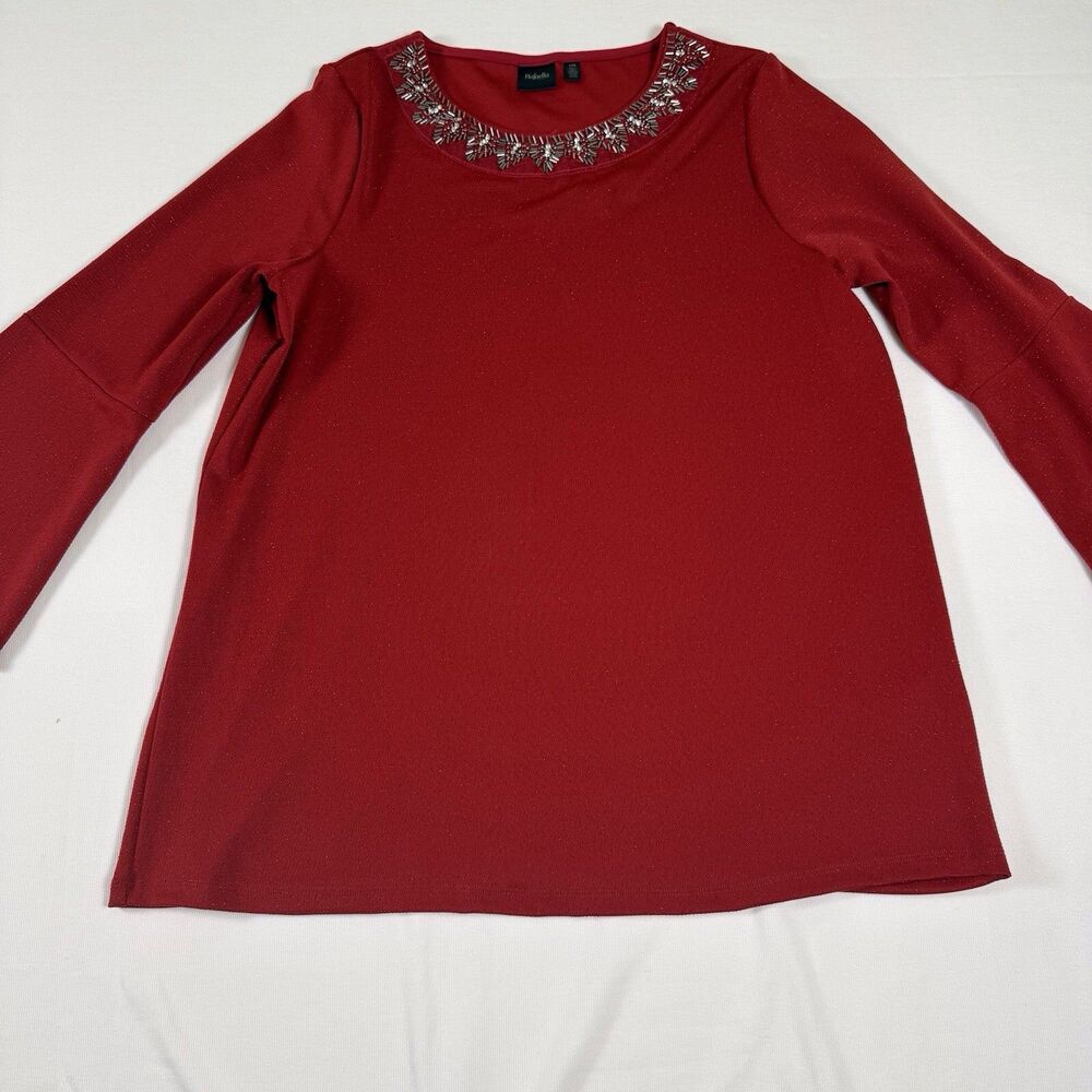 Rafaella Blouse Women's Sz L Red Long Bottom Flare Sleeve Embellished Neck‎